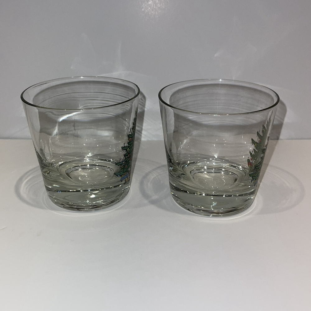Vintage Christmas Tree Print Low Ball Whiskey Glasses 3.25” EUC FLAWED READ - Picture 5 of 9